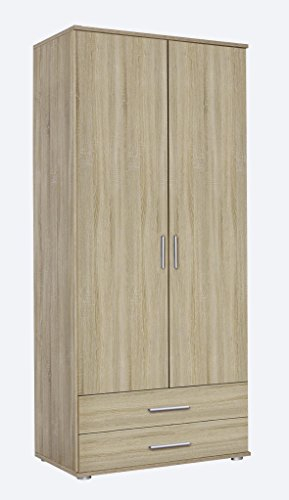 Rauch Möbel Rasant, Schrank Drehtürenschrank inklusive 2 Schubladen, 2-türig, Zubehörpaket Basic 1 Einlegeboden, 1 Kleiderstange, Eiche Sonoma, Holz, 52 x 85 x 188 cm