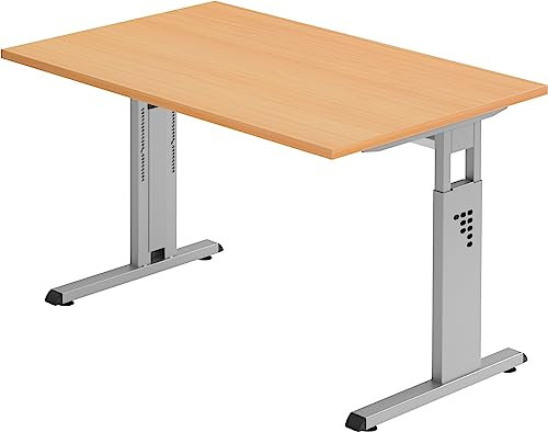Bümö höhenverstellbarer Schreibtisch O-Serie 120x80 cm in Buche, Gestell in Silber - PC Tisch klein für's Büro manuell höhenverstellbar, Computertisch verstellbar