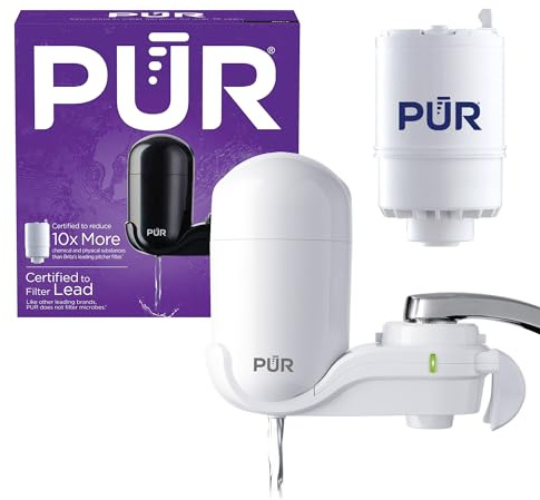 PUR Vertical Faucet Mount Water Filtration System with Lead Reducing Filter for Cleaner, Filtered Tap Water, Lasts 100 Gallons, Sink Water Filter, Fits Most Kitchen or Bathroom Faucets, White