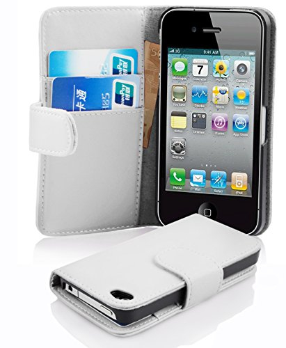 cadorabo Book Case works with Apple iPhone 4 / iPhone 4S in SNOW WHITE - with Stand Function and Card Slot made of Smooth Faux Leather - Wallet Etui Cover Pouch PU Leather Flip