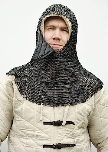 Battle-Merchant Kettenhaube mit dreieckigem Mundschutz, ID8 mm, brüniert | Mittelalter Kettenrüstung, Rüstung, für Reenactment, LARP & Historische Darstellungen