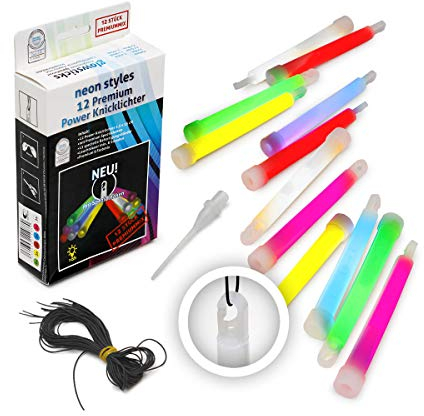 KNIXS 12er Set Premium Power-Knicklichter im 6-Farb-Mix Leuchtend inkl. Spezialhaken und Befestigungsband Party, Festival, Outdoor oder als Dekoration