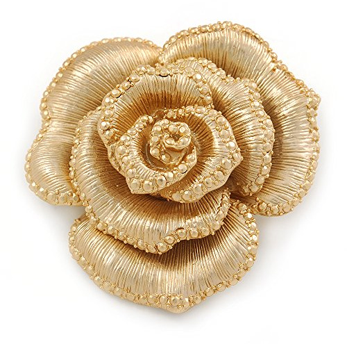 Avalaya Broche En forme de rose dimensionnelle en métal doré finition brossé Diamètre de 55 mm