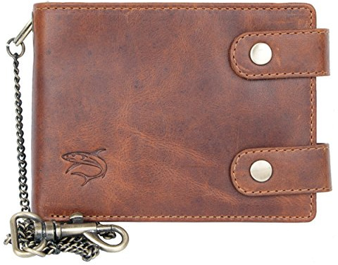 FLW Portefeuille Brun, en Cuir véritable Naturel, avec chaîne en métal, avec Requin