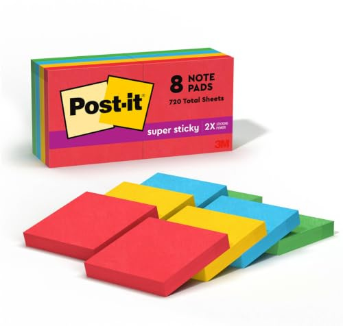 Post-it Super Sticky Notes, 8 Sticky Note Pads, 1.875 x 1.875 in., Back to School Supplies for Students, Ideal for Textbooks, Notebooks, and Vertical Surfaces, Playful Primaries Collection