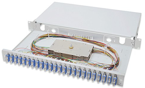 DIGITUS LWL Spleißbox – 24 SC/UPC Duplex Kupplungen – OS2 Singlemode | Vormontiert – 19 Zoll 1 HE – 48 Fasern – Ausziehbar – Glasfaser-Spleißkassette – Grau