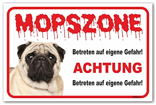 AdriLeo Schild - Vorsicht Mops - Zone - (15x20cm) / Achtung beige fawn Hund Wachhund robust langlebig UV-beständig wetterfestes Warnschild