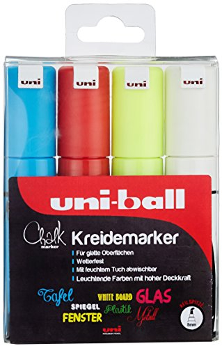 Uni-Ball 186404 - Fenster- & Kreidemarker UNI CHALK PWE-8K, 8 mm, Keilspitze, 4er Set, sortiert