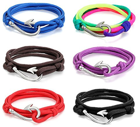 Cupimatch 6PCS Adjustable Alloy Nautical Inspired Fish Hook Clasp Nylon Wrap Bracelet on Nylon Ropes for Men Women