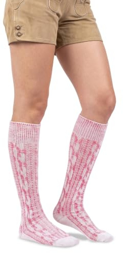 Trachtensocken klassisch 40cm Lang - Trachten Strümpfe Passend zu kurze Trachtenhosen & Kniebundhosen - Edel gestrickte Socken mit Zopfmuster - aus Baumwolle für Damen & Herren Pink/Natur - 38-40