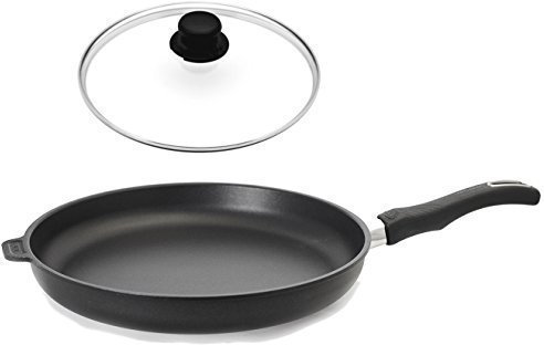 Original Gundel Guss-Bratpfanne - flach - Ø 32 cm - Höhe 5 cm - mit Glasdeckel und Deckelknopf (entlüftbar) Biotoan-Oberfläche, Akku-Therm Boden