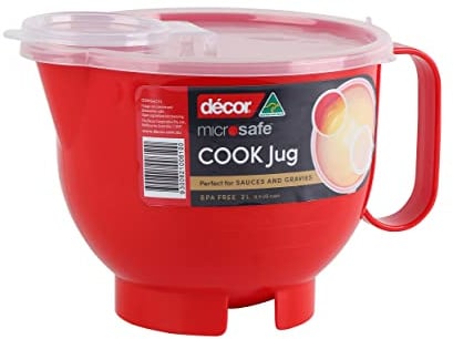 Décor Microsafe - Caraffa da 2 l con coperchio a ribalta, per cucinare, riscaldare e cuocere a vapore, lavabile in lavastoviglie e freezer, colore: rosso