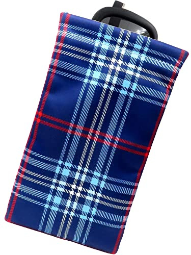 Soft Sunglasses case | Large Glasses Case Holder - Eyeglass Pouch Squeeze Top | Glasses pouch Lightweight Extra Layers, Plaid Blue, Large
