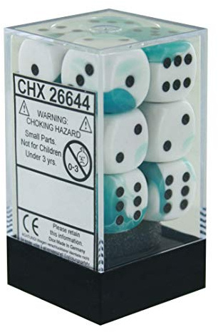 Chessex Gemini 16mm d6 with pips Dice Blocks (12 Dice) - White-Teal w/Black