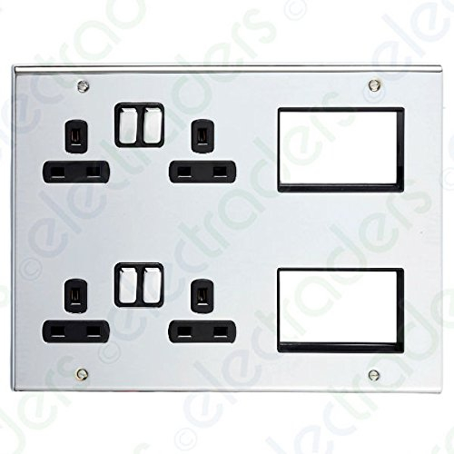 Deta SD1975CHB Multi-Media Lounge Plate with 2 x Twin Switch Sockets & 6 Euro Module Spaces (Polished Chrome/Black Inserts)