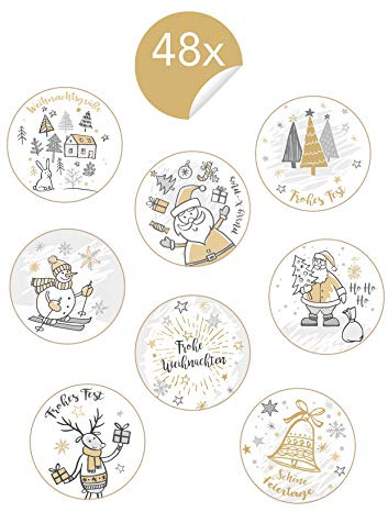Edition Seidel 48 schöne Premium Weihnachtsaufkleber rund 4 cm Durchmesser. Aufkleber Verpackung Weihnachten Geschenk Papiertüten Adventskalender Vintage Sticker Weihnachtskarten