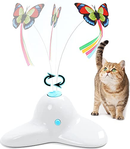 Vealind Indoor Interactive Play Teaser Cat Toy with 360°Electric Rotating Butterfly (Cream White)