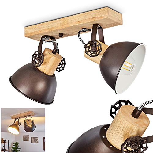 Deckenleuchte Orny, Deckenlampe aus Metall/Holz in Anthrazit/Weiß/Braun, 2-flammig, mit verstellbaren Strahlern, 2 x E27-Fassung, Spot im Retro/Vintage Design, ohne Leuchtmittel