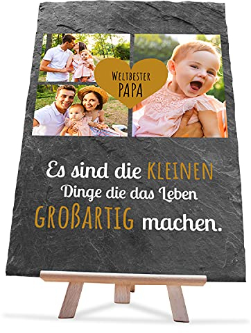 wandmotiv24 Schiefertafel Bester Papa, Personalisiert mit Ihren Farbfotos, Aufstellschild 3 Motive inkl. Spruch & Herz, Holz-Staffelei, Hochformat 20x30cm, Natur Schieferplatte, Foto-Geschenk, Deko