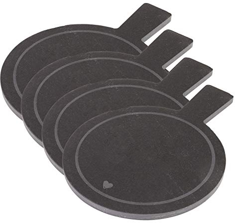 Westmark 697322ES Lot de 4 Planches de Service en Ardoise Naturelle à Poser avec Motif, poignée et Protection Anti-Rayures, Rondes, Surface : 19 x 14 cm, Ardoise, Tapas + Friends, Anthracite