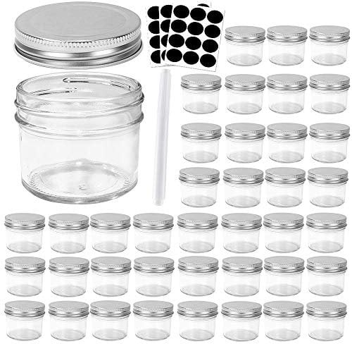 Betrome 4 oz Clear Glass Jars with Silver Metal Lids, 40 Pack 100ml Mason Jars Round Canning Jars Jelly Jars Small Spice Jars for Herb,Jelly,Jams, for Kitchen Storage, 1 Pen & Labels Included