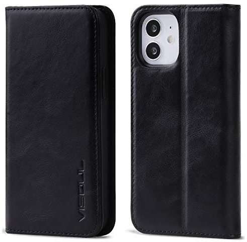 VISOUL iPhone 12 Mini Hülle,Stoßfeste Handyhülle [Echtleder] [RFID Schützt] [Kartenfach] [Magnet] [Standfunktion],TPU Schutzhülle Lederhülle für iPhone 12 Mini