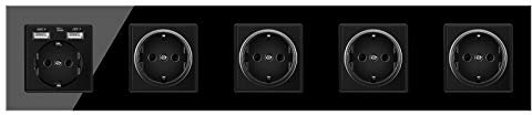 wkd-thvb Prise d'alimentation USB Union européenne Standard Allemand Panneau en Verre trempé en Cristal Noir Prise de Courant à Trois Couches Prise Murale USB Four Socket