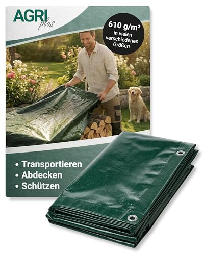 AGRI Plus Holzabdeckplane 610 g/m² I 1,5 x 20 m I wasserdichte & UV-beständige Gewebeplane I Reißfeste Abdeckplane mit Ösen & Randverstärkung I Ideal für Brennholz, Garten & BAU