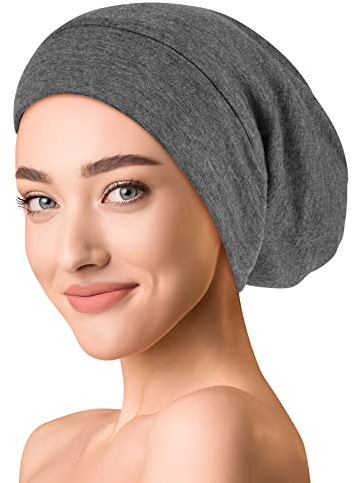 OLESILK Seide & Baumwolle Slouch Beanie Mütze Schlafhaube Seide Chemo Kopfbedeckung dünne leichte und weiche Laufmütze Strickmütze Unisex Jersey Sommermütze verstellbar für Damen & Herren, Dunkelgrau