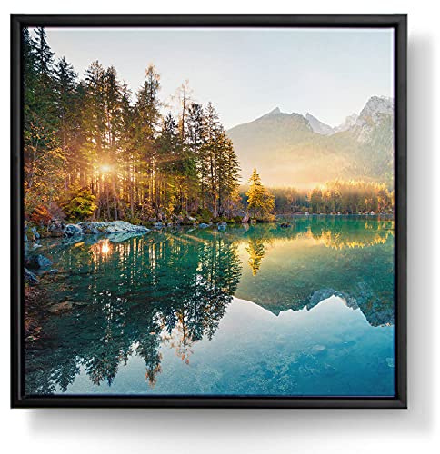BilderKing Wandbild Wasserfall Hintersee Bayern - 50cm x 50cm Leinwand auf 2cm Keilrahmen mit Schattenfugenrahmen schwarz