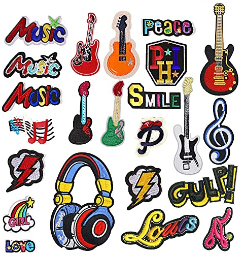 Woohome 23 PCS Music Style Patches Stickers, Guitar Note Earphone Iron on Patches Sew on Patches for Clothes Dress Pants Hats Jeans, Sewing Flowers Applique DIY Accessory