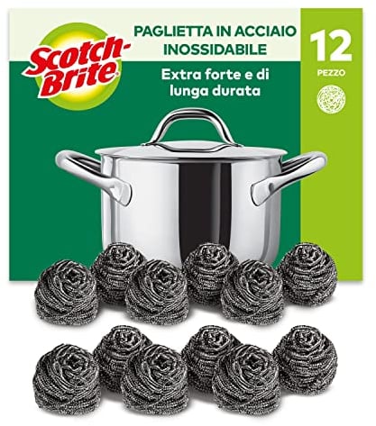 Scotch-Brite Éponge à Récurer en Acier Inoxydable, 12 Pièces - Résistants à la Rouille, Nettoyage Puissant et Efficace, Argenté