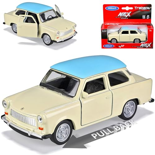 Welly Trabant 601 Limousine Beige mit Blauem Dach und Rückzugsmotor ca 1/43 1/36-1/46 Modell Auto mit individiuellem Wunschkennzeichen