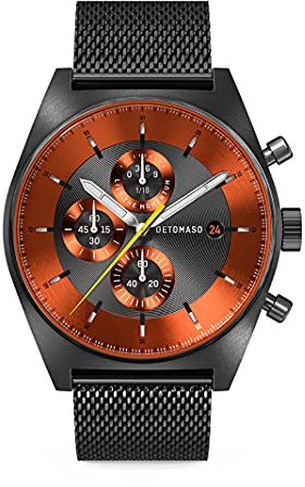 DeTomaso D10 Chronograph Gray ORANGE Grau Orange Herren-Armbanduhr Analog Quarz Mesh Milanese Schwarz