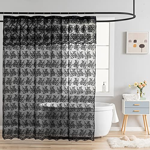 YJ YANJUN Rideau de Douche en Dentelle Noire de Luxe Vintage Transparent avec cantonnière attachée, Rideau de Douche élégant bohème pour Salle de Bain, Gothique, Halloween, décoration de Salle de