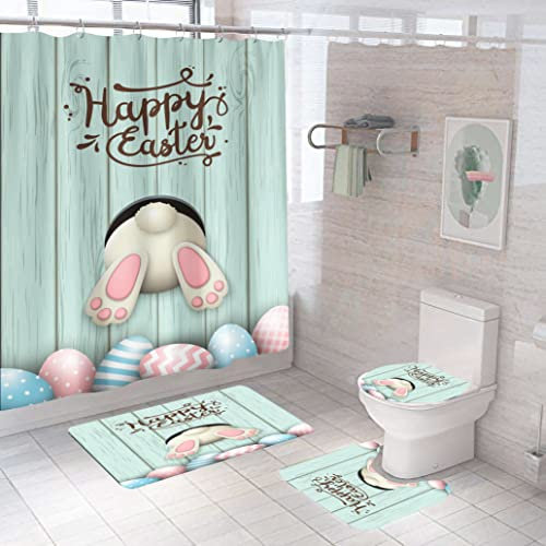 DDS-DUDES 4-teiliges Oster-Duschvorhang-Set, lustige Hasen, Ostern und blaue Eier für Badezimmerdekoration, Happy Easter Hase wasserdichter Stoffvorhang mit Haken, 180,3 x 180,3 cm (Farbe B)