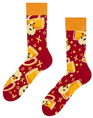 Dedoles Socken Unisex Damen Herren & Kinder Baumwolle viele lustige Designs 1 Paar Geschenk links rechts verschieden, Farbe Rot, Motiv Hopfengetränk und Schafe, Gr. 35-38