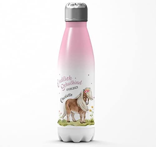 Mikalino Kinder Edelstahl Trinkflasche Pferd/Pony Schulkind personalisiert mit Wunschname Geschenk Geschenkideen Thermosflasche Mädchen Junge, Farbe:rosaweiss, Grösse:500ml