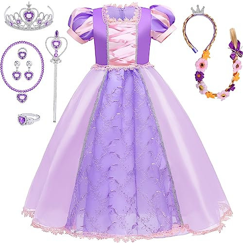 Tacobear Déguisement Raiponce Filles Robe Raiponce Costume avec Perruque Raiponce Couronne Baguette Magique Anneau Collier Déguisement Princesse Costume Carnaval Halloween pour Filles 2 3 4 5 6 7 Ans