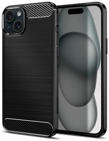 Qiinogow Case Compatible with iPhone 15 Plus, Slim Fit Phone Cover with Shock-Absorption, Carbon Fiber TPU Rubber Protective Case, Black