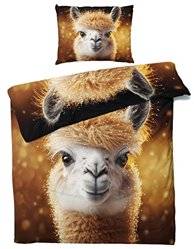 QEODAH Lama Bettwäsche 135x200 Winter - Süße Alpaka Bettbezug 135 x 200 2er Set - Wendebettwäsche & Kissenbezug - Weiche Mikrofaser Bettwäsche-Sets mit Reißverschluss - Schlafzimmer Bett Deko