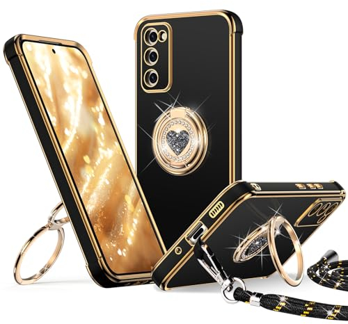 XYZ für Samsung Galaxy S22 Hülle mit Band, Herz Doppelring Ständer HandyHülle Handykette Frauen Mädchen Dünn Stoßfeste Anti-Kratzt SchutzHülle für Samsung S22 Case, Schwarz