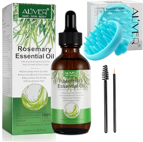 Rosmarinöl ud Silikon Kopfhaut Massagebürste, Rosemary Oil for Hair, Stimuliert Haarwachstum und Haaröl gegen Haarausfall, 100% Naturreines Rosmarin Öl für Hautpflege, Aromatherapie, 60ml