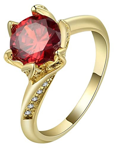 Ring mit Stein Gold, Ring Damen 54 Rot mit Rundem Zirkonia Vergoldet Schmuck Geburtstag Geschenk