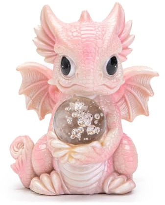 FIYSON Drachen Figuren Gartendeko für Draußen, Lustig Dragons Statue mit Glühende Kristallkugel, 9cm Garten Drache Figur, wasserdichte Kunstharz Glücksdrache für Männer Frauen Mama Geburtstag (Rosa)