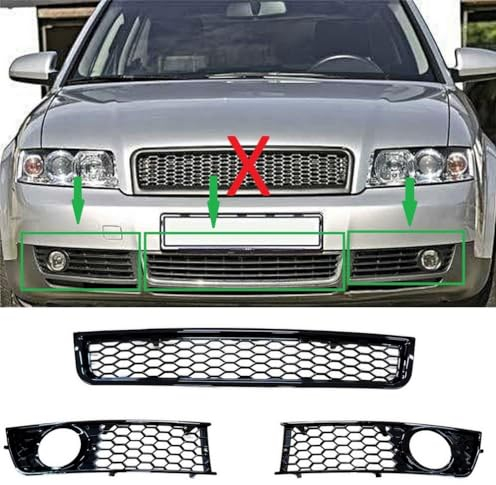 Waben- Gitter- Kühler- Sport- Front- Rippen- Grill für Stoßstange unten mit Lüftungsgittern Links Rechts Set Schwarz Glanz 3-teilig Kompatibel mit A4 B6