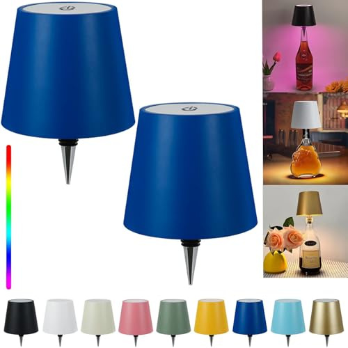 Pridola Wireless Bottle Lamp Shade - LED Rechargeable 3 Color Stepless Dimming - Touch Liquor Bottle Lamp Kit - Outdoor Table Lamp - Bar Lamp - Wine Bottle Lamp(2Pcs-Navy Blue)