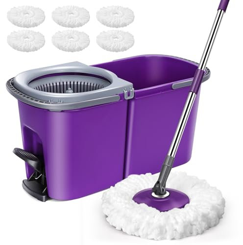 HEVOL Balai à Franges et Seau Essoreur à Pédale, Balai Serpillère Rotatif à 360° avec Manche Téléscopique a 6 Tampons Microfibre, Seau Essoreur INOX à Pédale et Balai à Franges pour Sols,Gris Violacé