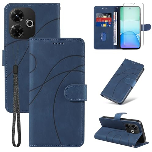 FHSYCR Funda para Xiaomi Redmi 13 4G con Templado Protector de Pantalla, Premium PU Cuero Magnético Libro Flip Antigolpes Protectora Carcasa para Xiaomi Redmi 13 4G - Azul