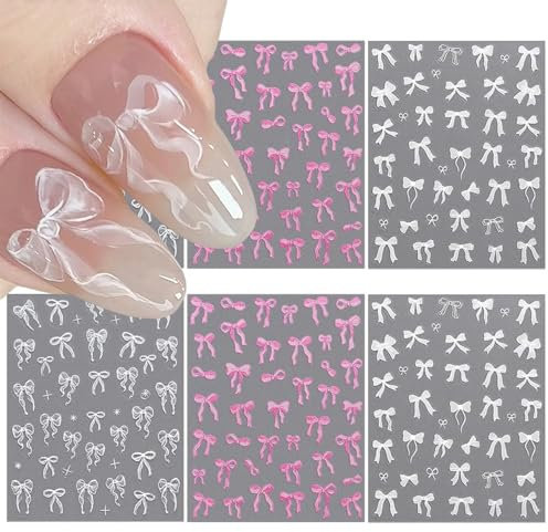GZMAYUEN 6 Blätter Bogen Nail Art Stickers Nagelsticker 3D Weiß Rosa Bogen Nagel Stickers Selbstklebend Nagel Aufkleber Nageltattoos Nageldesign Zubehör